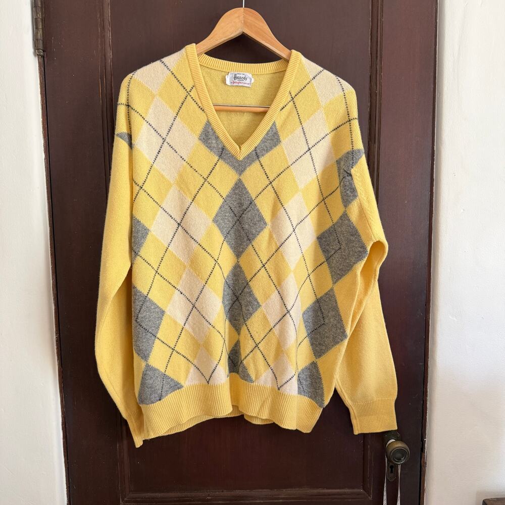 Vintage PRINGLE of Scotland for Harrods Butter Yellow Argyle V Neck Sweater | 46